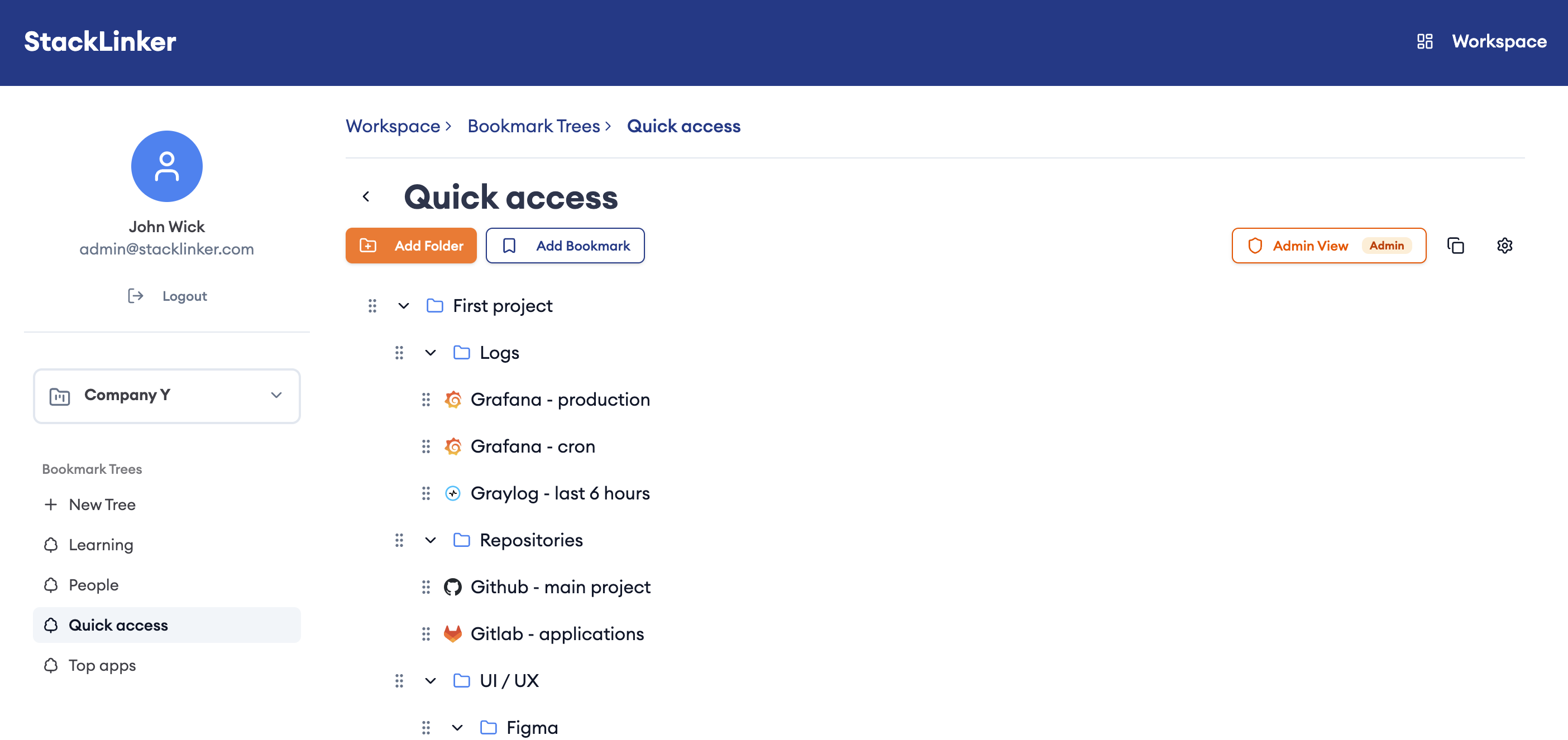 Bookmark tree with hierarchical folder structure