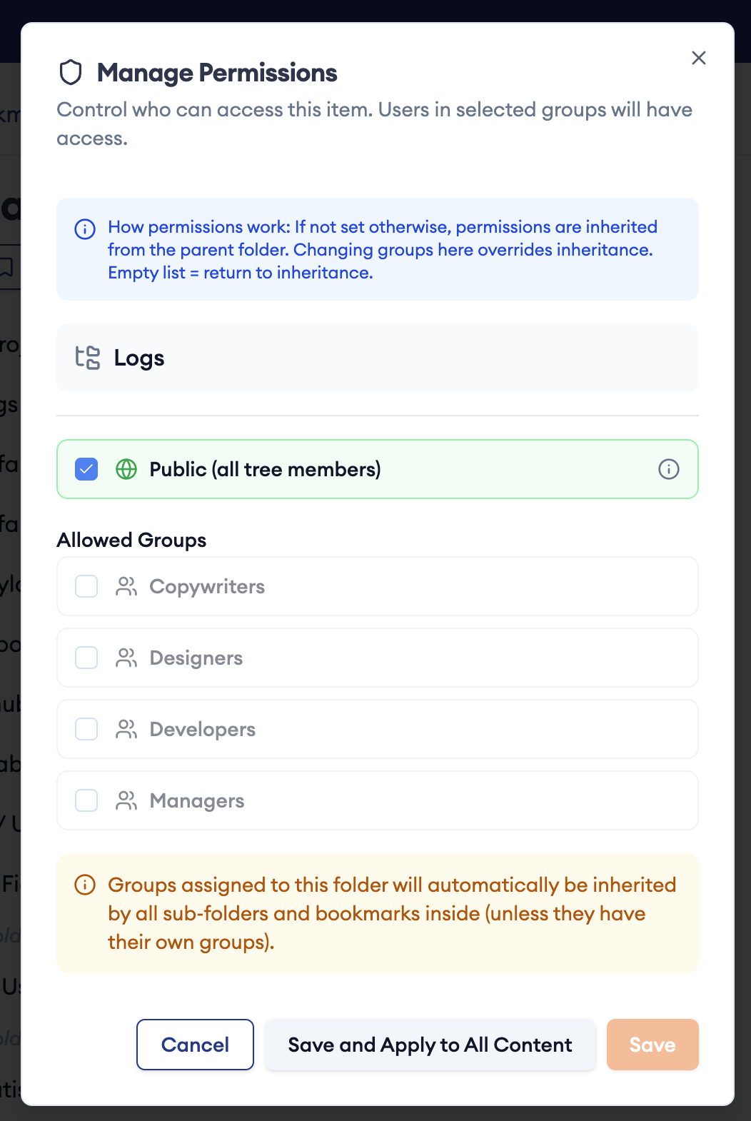 Permission management modal for folders
